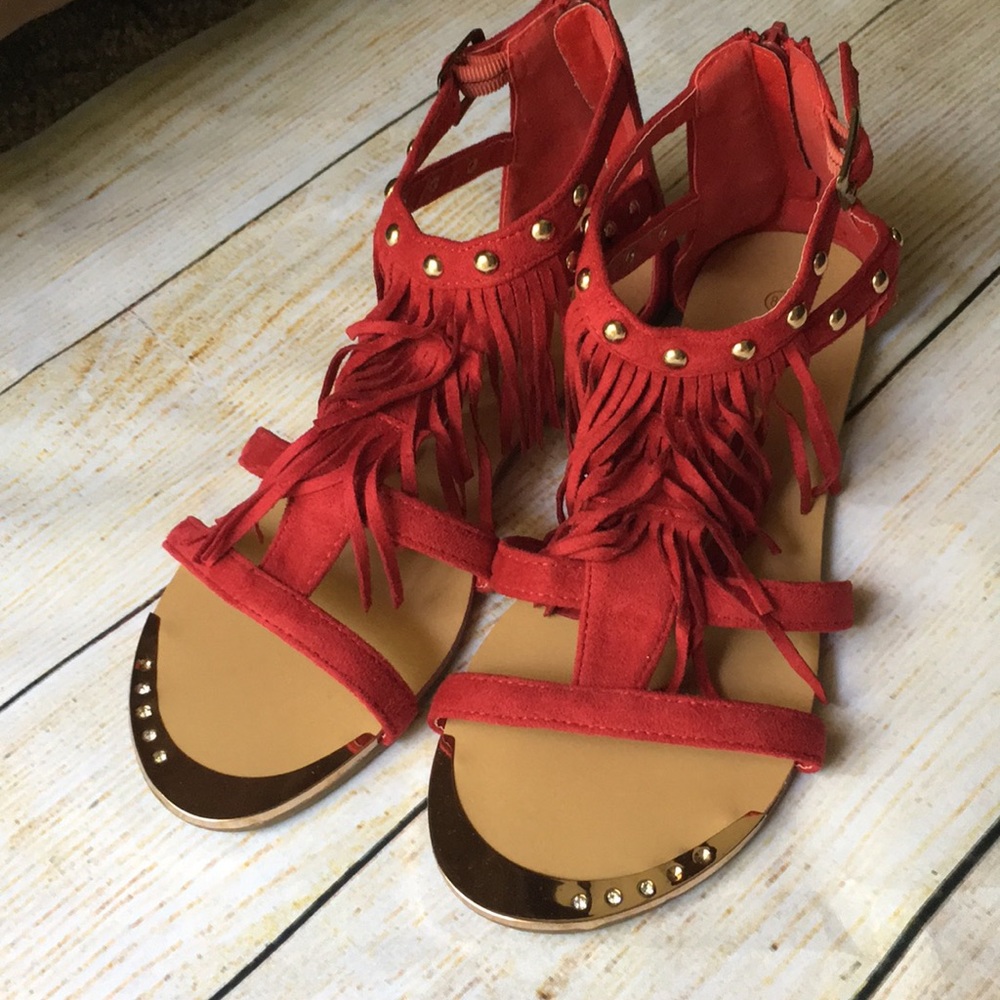 Herstyle Fenellaa RED FRINGED GLADIATOR SANDALS